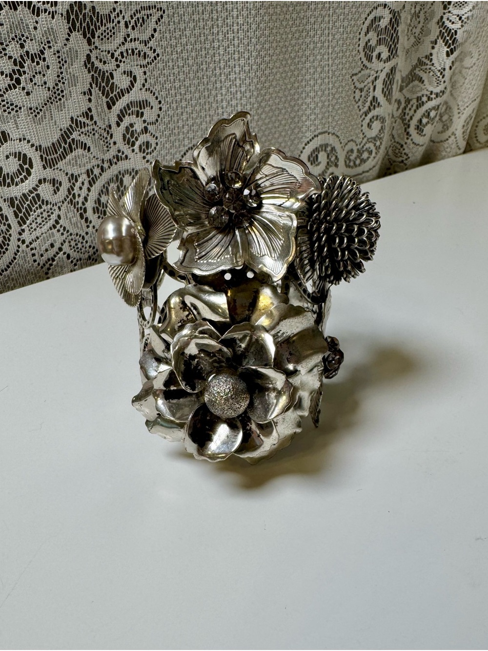 Vintage Silver Floral Cuff Bracelet, Wide 3D Floral Statement Bangle